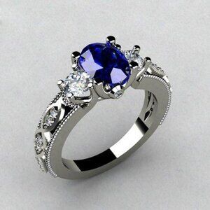 Noble Anillo Oval Royal Blue Gemstone Dainty Silver Ring for Women, VIP405